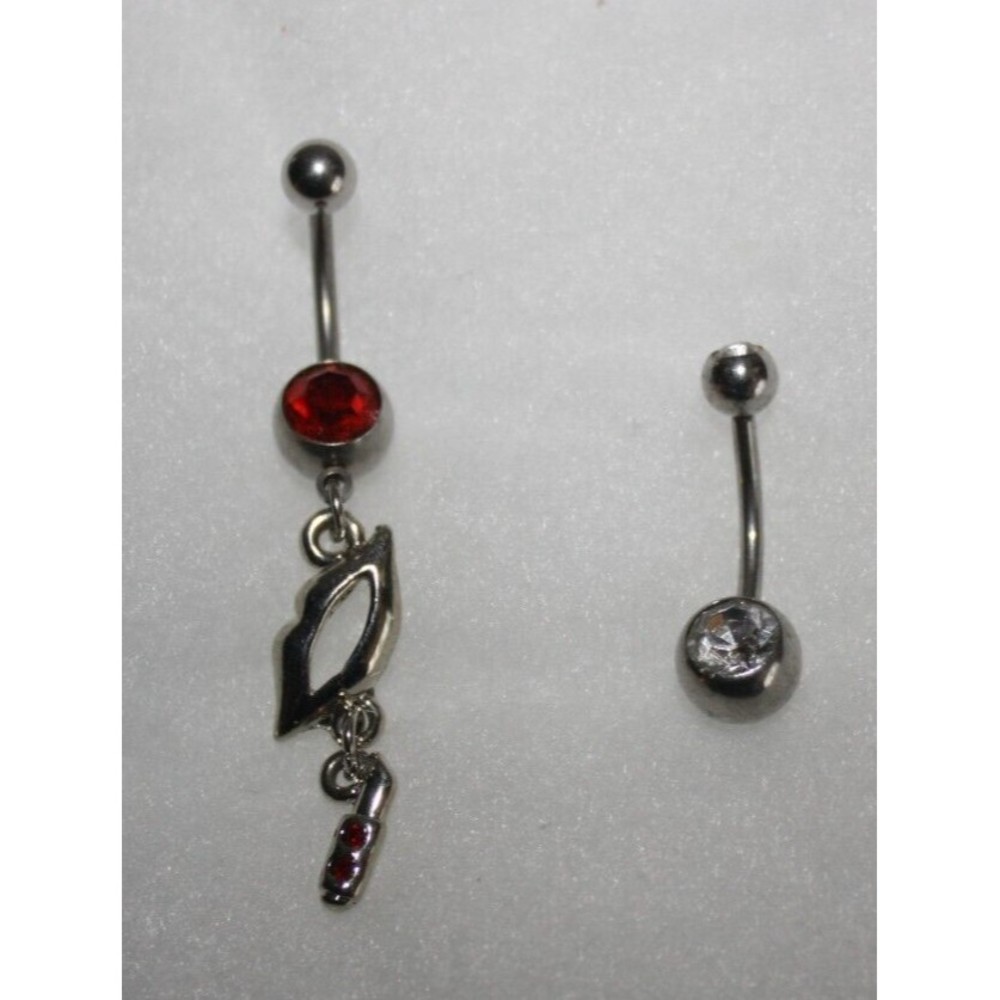 Lips Lipstick & Clear Rhinestone Dangle Belly Rings 14 Gauge Stainless Steel NIP